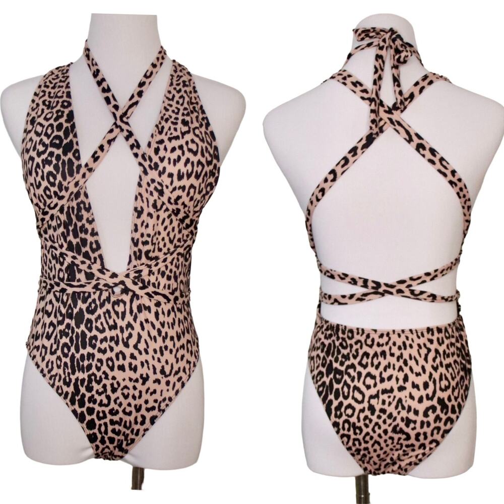 Shein Cheetah‎ Print Deep Plunge Open Back 1pc Swimsuit SMALL Beach Vacation